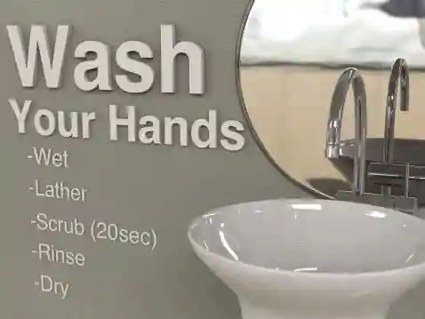sink with wash your hands tips engraved by the side
